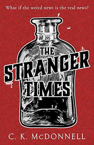 Drawing of a bottle on a lurid red background,; th ebottle appears to have a nighttime scene of people walking by a canal by moonlight within it. The Stranger Times